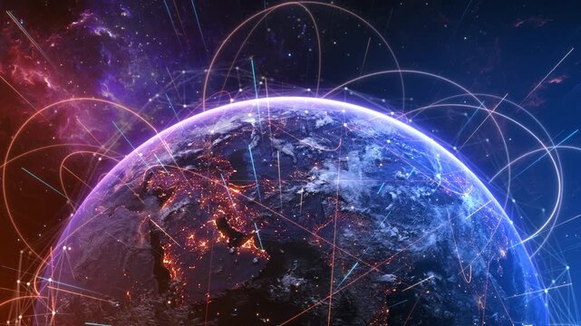 Luminous routes sweep cities across planet stars, network nodes, orbital connections. worldwide logistics, aviation, global commerce, cloud services, economic reports, futuristic presentations.