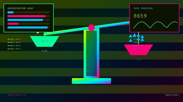 Digital ai fraud detection systems displayed on a neon interface showing balancing scales with shifting data points and numerical fluctuations in a three panel view
