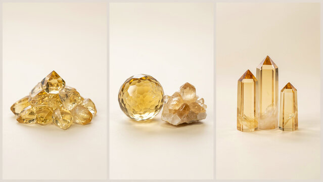 Three sections displaying citrine crystals, a faceted sphere, and polished golden quartz points