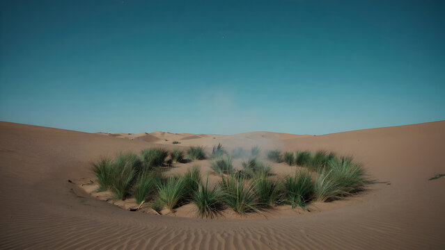 Green grass oasis in vast desert sand dunes under blue sky