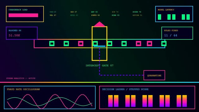 Digital ai fraud detection systems monitor data streams in this graphical interface featuring pulsing neon elements moving across a dark screen to analyze complex information patterns