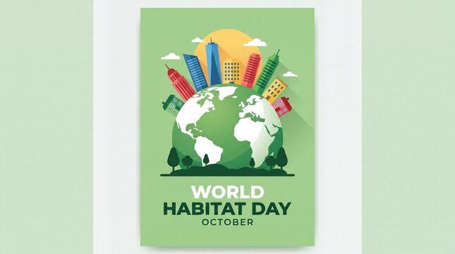 Vibrant green planet earth illustration featuring colorful modern city skyline buildings under a sunny sky for world habitat day event