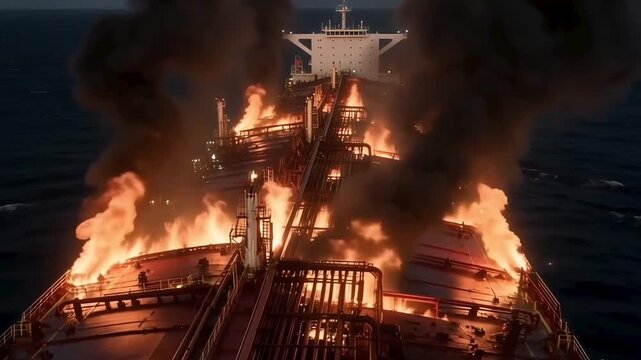 Large oil tanker cargo ship burning on fire in ocean at night with flames and black smoke