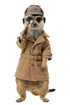 Curious meerkat detective wearing a trench coat and deerstalker hat holding a magnifying glass isolated on transparent background