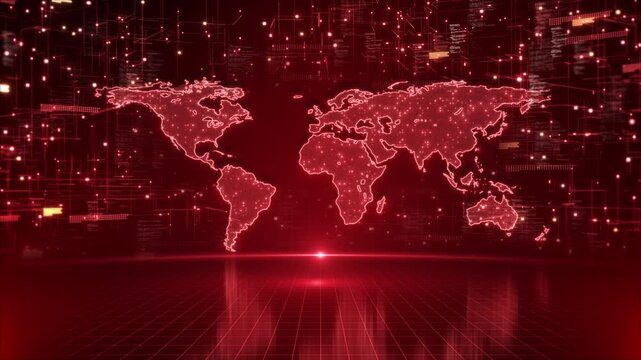 Futuristic command screen displays global map scanning signals, digital grids, panels. cyberattack alerts, network defense, data breach reports, security operations, worldwide surveillance, news. 3D