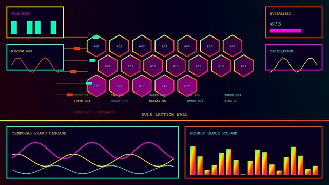 Digital ai fraud detection systems monitor fluctuating data patterns shown through glowing hexagonal networks and vibrant waveforms appearing across three separate screens in a dark room