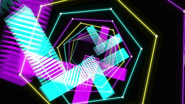 Abstract neon triangle warp tunnel with seamless geometric grid animation, Futuristic cyan magenta yellow wireframe triangular pattern background with looping digital technology design