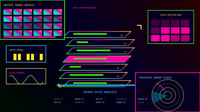 Digital ai fraud detection systems monitor data streams in this sequence of glowing neon interface elements displaying complex grid matrix patterns and pulsing light signals