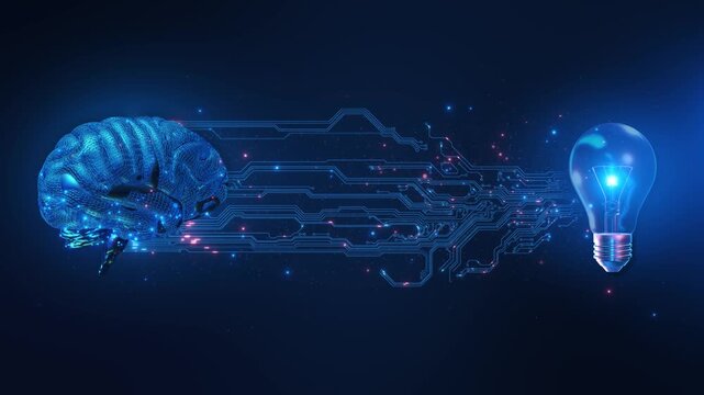 A blue wireframe brain connects bulb reasoning, imagination, intelligent problem solving. virtual assistants, language automation, software development, scientific presentations, creative 19.