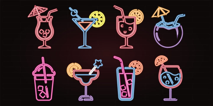Neon cocktail icons set, glowing tropical drink vector illustrations, 8 colorful bar beverage signs for nightlife and party menus