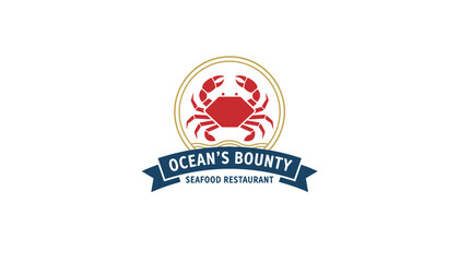 Fototapeta premium Elegant seafood restaurant logo template with a red crab emblem in a golden circle above a navy blue text banner.