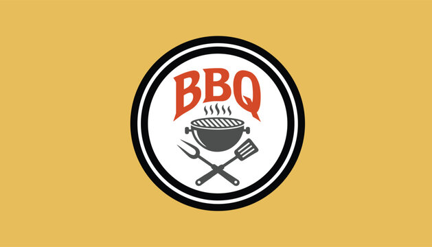 Retro barbecue logo featuring a charcoal grill with crossed fork and spatula inside a circular emblem over a yellow background.
