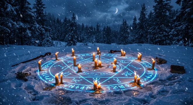 Glowing magic circle with runes and candles in a snowy winter forest at night