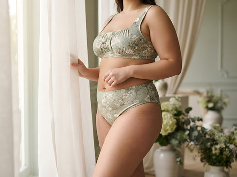 A beautiful young woman with a curvy figure wearing elegant floral lace lingerie standing by a window