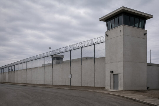 Modern correctional facility exterior with concrete wall and guard tower, security concept