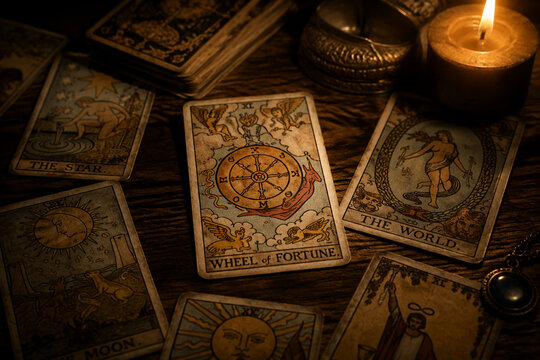 An antique Tarot card deck on a dark table, the Wheel of Fortune card singled out by candlelight.