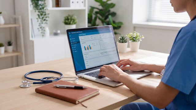 Medical professional in blue scrubs typing clinical data on a silver laptop at a wooden desk.