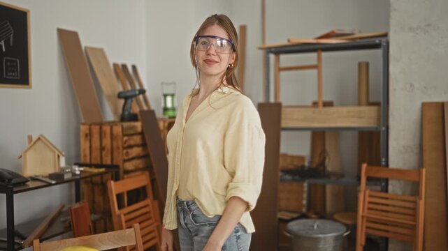 Woman arms crossed wearing safety goggles holding wood in a studio as carpenter; confidence craftsmanship.