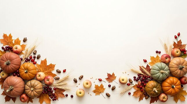 Colorful autumn harvest display featuring pumpkins apples wheat leaves and berries arranged creatively on light background