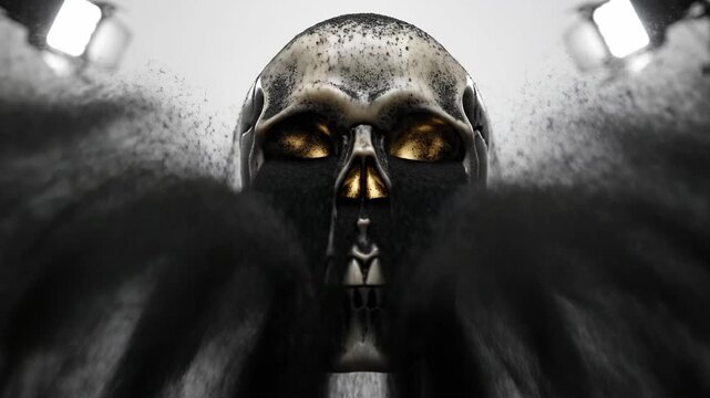 Human skull with black powder explosion on gray background.