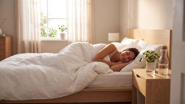 Woman sleeping peacefully in a comfortable white bed inside a sunlit bedroom in the morning.