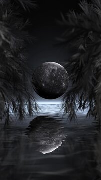 Lunar floats above calm reflective water frames night scene. fantasy, meditation gothic stories, celestial backgrounds, mysterious trailers, astronomy themes, dream sequences, and atmospheric displays
