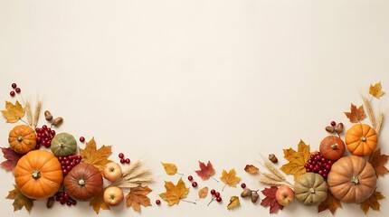 Fototapeta premium Autumn harvest decoration featuring pumpkins apples wheat leaves and berries arranged in a natural seasonal border