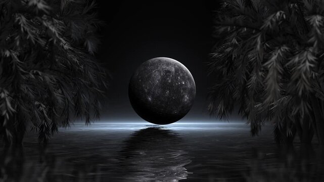 A cratered lunar orb hovers water shadowed leaves, haunting monochrome fantasy, cosmic meditation, suspense trailers, spiritual , gothic visuals, landscapes, dreamlike stories, minimalist celestial