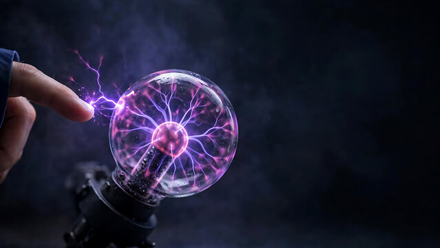 Hand Touching Electric Plasma Ball with Glowing Purple Lightning Effects