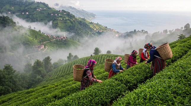 Women harvesting tea leaves on steep green terraced hills overlooking the Black Sea in Turkey