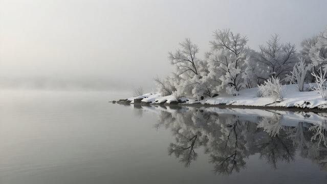 Winter landscape with frozen trees and misty water reflection