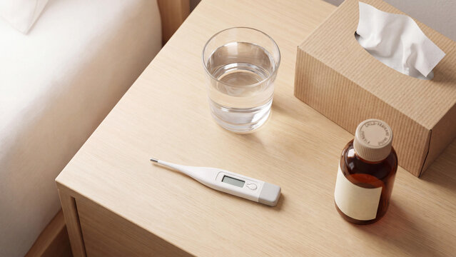 Digital thermometer and medicine bottle arranged on wooden bedside table with tissue box.