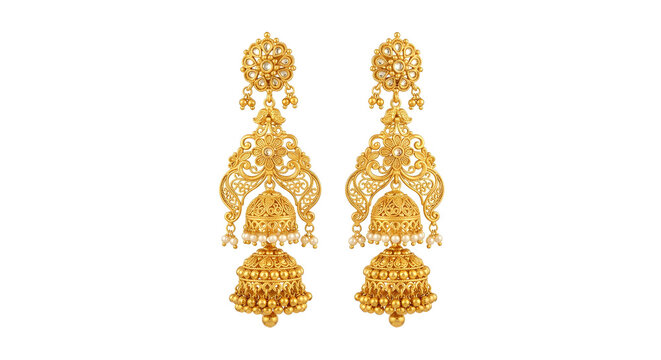 Traditional gold jhumka earrings, ornate Indian bridal jewelry, elegant filigree gold drop earrings on white background