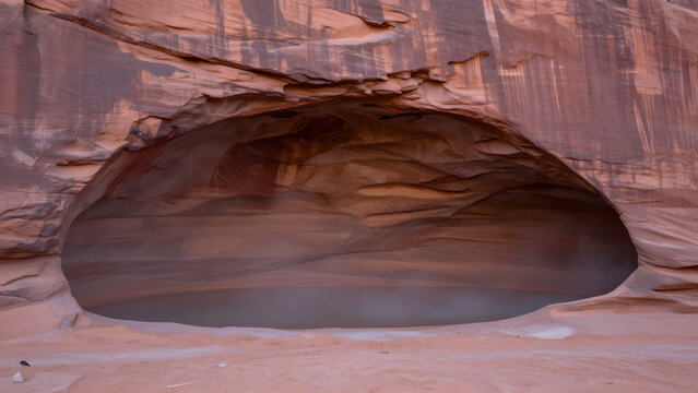 Natural rock arch cave with pool of water inside