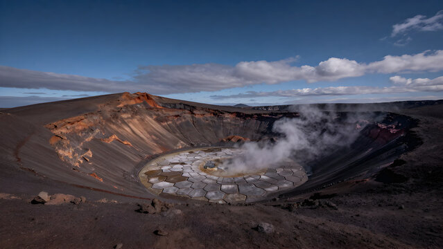 Volcanic crater with geothermal steam vents and barren landscape