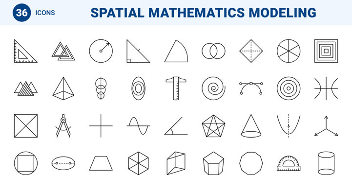 Geometry line icon set. Vector pictograms of drafting, mathematics, polygon, and shapes elements, thin linear illustration.