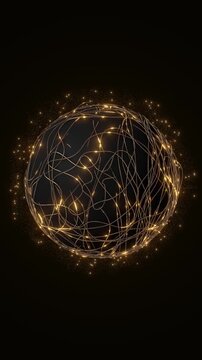 Sphere wrapped in fine golden filaments amid sparkling dust black. luxury branding, energy scientific presentations, elegant logo reveals, event visuals, premium advertising, cinematic introductions.