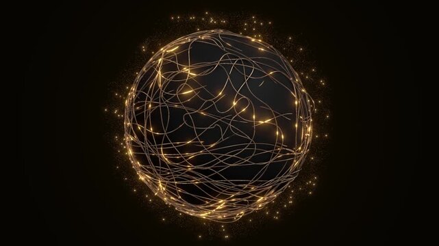 Interlaced amber strands luminous spherical lattice fine glitter deep shadows. for futuristic design, magnetic field premium product storytelling, gala titles, presentations, atmospheric visuals.