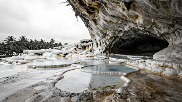 Terraced hot spring landscape with mineral deposits and steam
