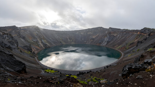 Volcanic crater lake under an overcast sky