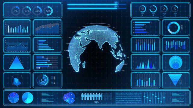 Futuristic panels statistical diagrams, progress bars, circular metrics around globe. business intelligence, market insights, sales operational reviews, decision support, international strategy .