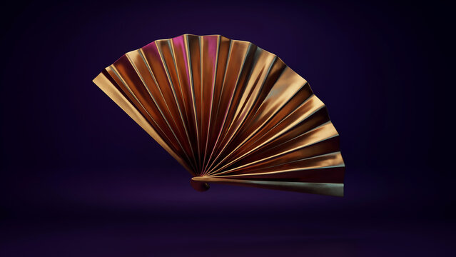 A single, lustrous golden folding fan, captured in a partially unfurled position, its metallic pleats catching the light and casting subtle shadows, against a deep, rich, dark purple studio background