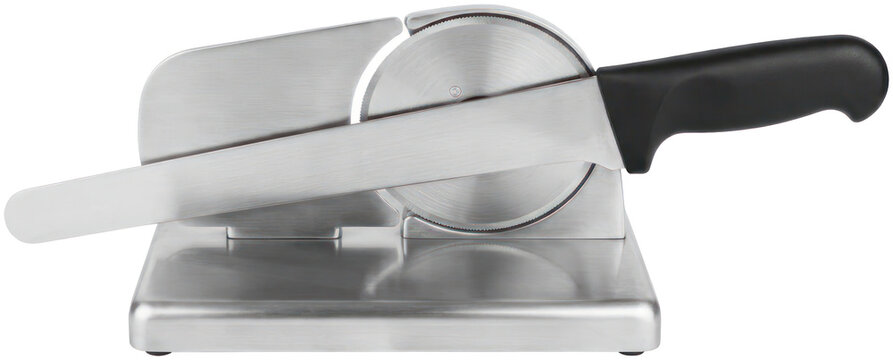 Electric meat and food slicer on black background.