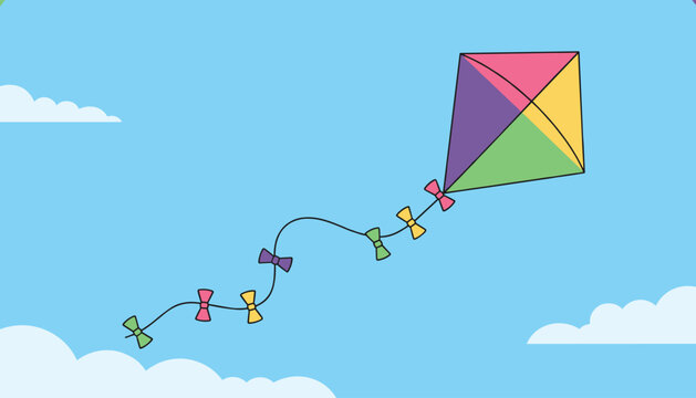 Colorful diamond shaped toy kite flying high in the blue sky with soft white clouds during a sunny summer windy day.