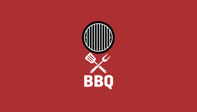 Flat vector barbecue logo design featuring a circular grill grate with crossed spatula and fork on a dark red background.