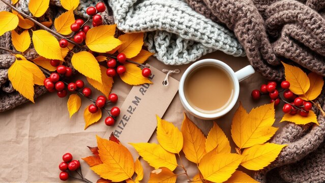 Autumn still life. Warm tones dominate, featuring leaves, berries, coffee, cozy knitwear. Relaxing, inviting scene evokes fall season comfort.
