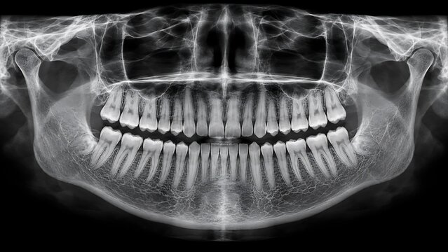 Dental Panoramic X-ray: A detailed panoramic dental X-ray showcasing the entire set of teeth, jawbone, and surrounding structures.