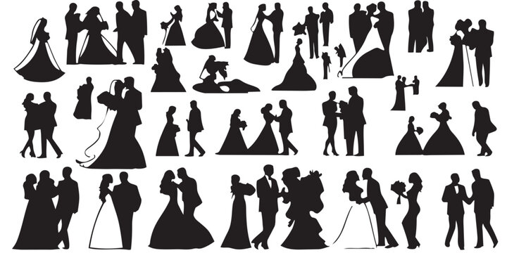Wedding couple silhouettes represent romantic moments between brides and grooms in various ceremonial poses.