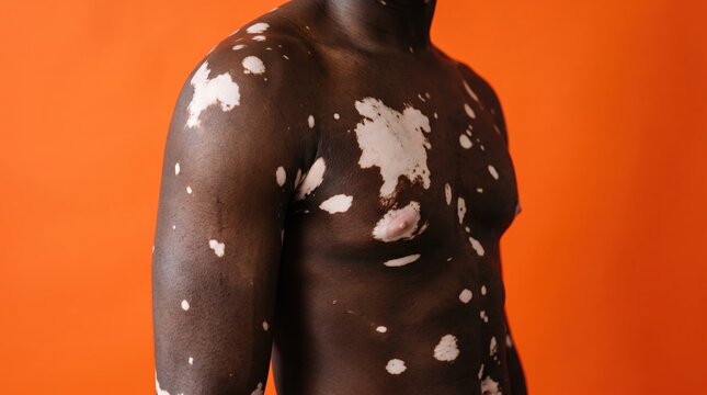 Side view of shirtless black man with vitiligo skin depigmentation patches on orange background