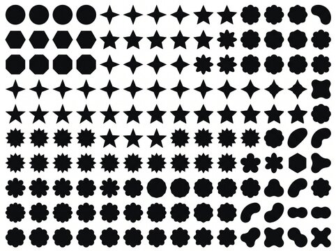 A grid of ninety diverse black geometric and abstract shapes on a white background, including circles, polygons (hexagons), starbursts, floral elements, and spiral icons.